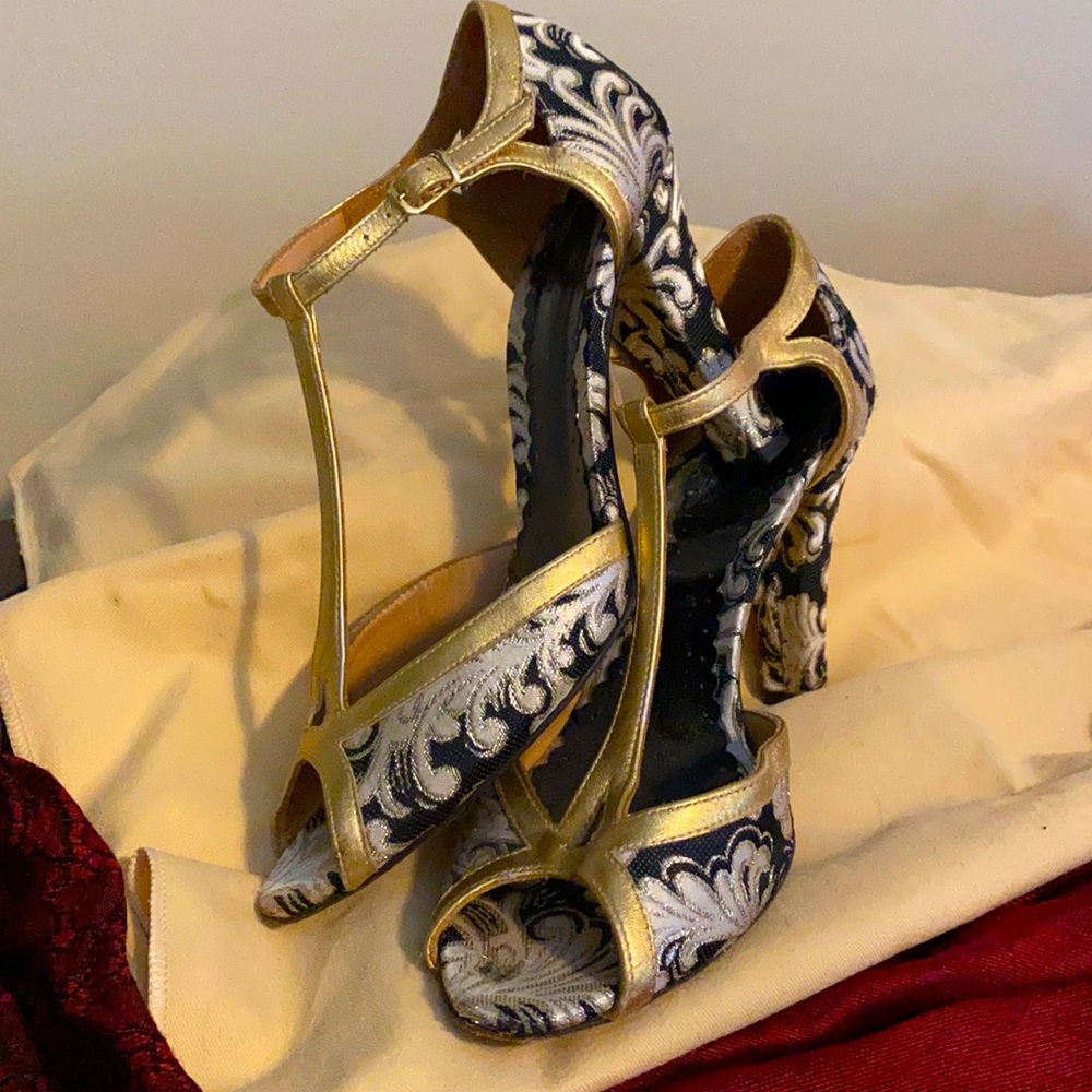 Bettye Muller T-Strap Brocade Heels